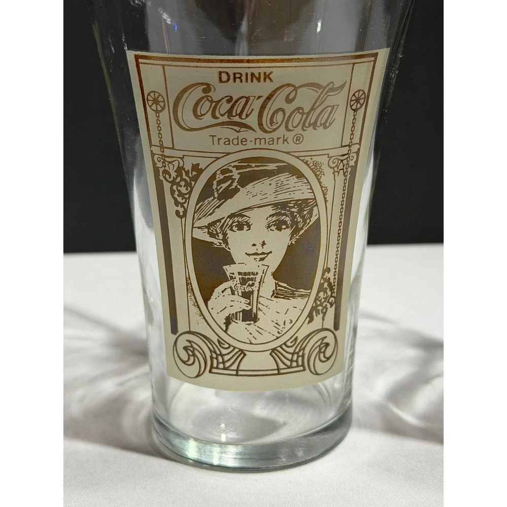 Coca-Cola Archives 16oz Flair‎ Glass Set of 2 Turn of the Century Design Sepia